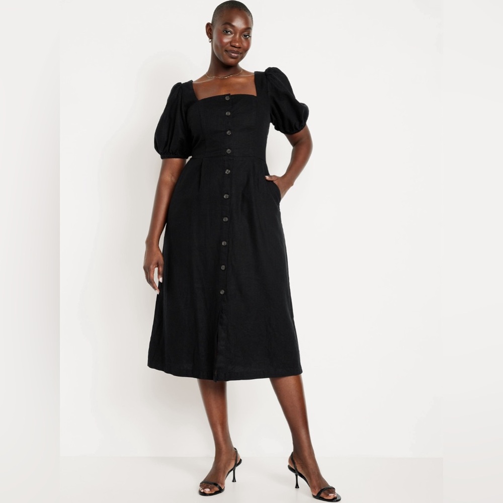 NWOT Old Navy Black Midi Puff Sleeve Dress - Picture 4 of 10